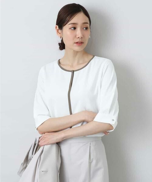 MK MICHEL KLEIN/エムケーミッシェルクラン 配色パイピングVネックブラウス/洗える アイボリー M MK MICHEL KLEIN/エムケーミッシェルクラン 配色パイピングVネックブラウス/洗える アイボリー M