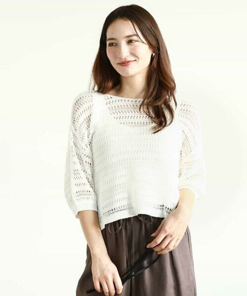 MK MICHEL KLEIN / エムケーミッシェルクラン ニット・セーター | ボーダーメッシュ編みショート丈ニット/洗える | 詳細1