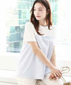 MK MICHEL KLEIN / エムケーミッシェルクラン カットソー | ビスチェレイヤード風フレアーTシャツ(ストライプ)/洗える