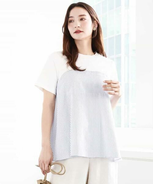 MK MICHEL KLEIN / エムケーミッシェルクラン カットソー | ビスチェレイヤード風フレアーTシャツ(ストライプ)/洗える | 詳細1