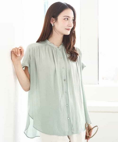 MK MICHEL KLEIN / エムケーミッシェルクラン シャツ・ブラウス | バンドカラーサテンブラウス/接触冷感/洗える | 詳細1