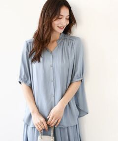 MK MICHEL KLEIN / エムケーミッシェルクラン シャツ・ブラウス | フリルネックデザインサテンブラウス/接触冷感/洗える