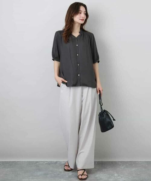 MK MICHEL KLEIN / エムケーミッシェルクラン シャツ・ブラウス | フリルネックデザインサテンブラウス/接触冷感/洗える | 詳細4