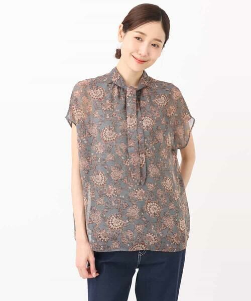 【再入荷/前後2way/洗える】更紗プリント花柄シフォンブラウス 更紗プリント花柄シフォンブラウス/前後2way/洗える(ブラウス