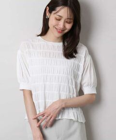 MK MICHEL KLEIN / エムケーミッシェルクラン ニット・セーター | シャーリングボーダー五分袖ニット/洗える