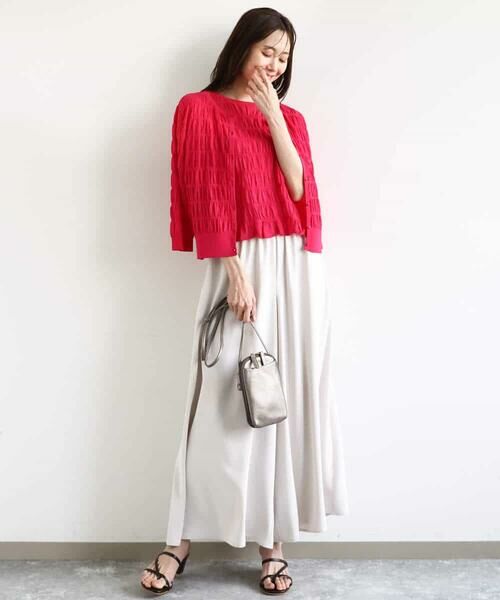 MK MICHEL KLEIN / エムケーミッシェルクラン ニット・セーター | シャーリングボーダー五分袖ニット/洗える | 詳細14