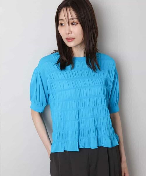 MK MICHEL KLEIN / エムケーミッシェルクラン ニット・セーター | シャーリングボーダー五分袖ニット/洗える | 詳細16