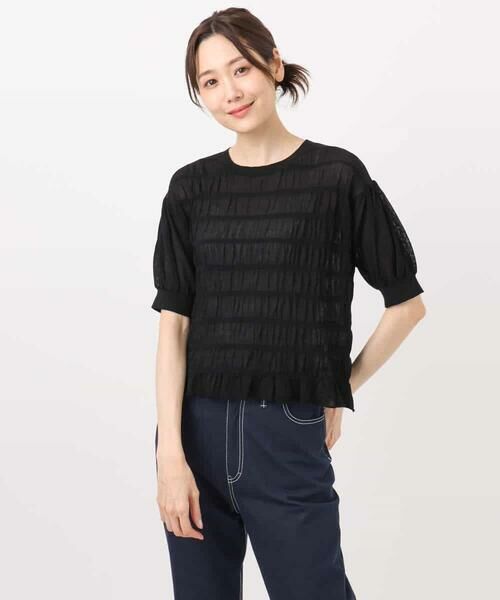 MK MICHEL KLEIN / エムケーミッシェルクラン ニット・セーター | シャーリングボーダー五分袖ニット/洗える | 詳細27