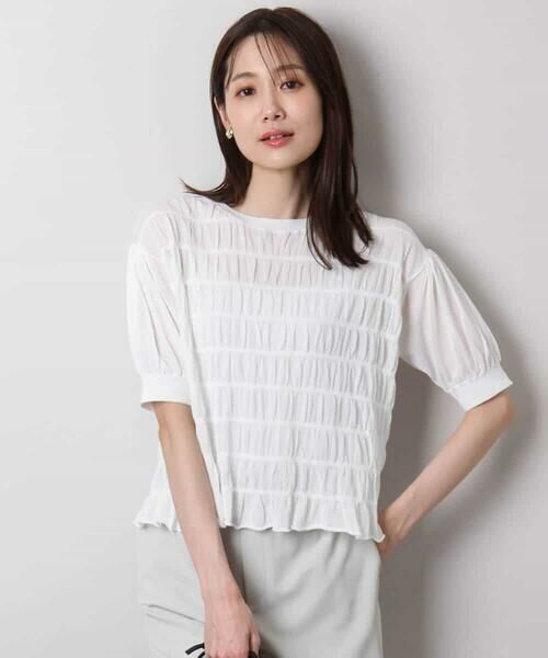 MK MICHEL KLEIN / エムケーミッシェルクラン ニット・セーター | シャーリングボーダー五分袖ニット/洗える | 詳細5