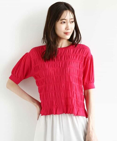 MK MICHEL KLEIN / エムケーミッシェルクラン ニット・セーター | シャーリングボーダー五分袖ニット/洗える | 詳細9