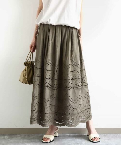 MK MICHEL KLEIN / エムケーミッシェルクラン ロング・マキシ丈スカート | コットン刺繍カットワークギャザースカート/洗える | 詳細1