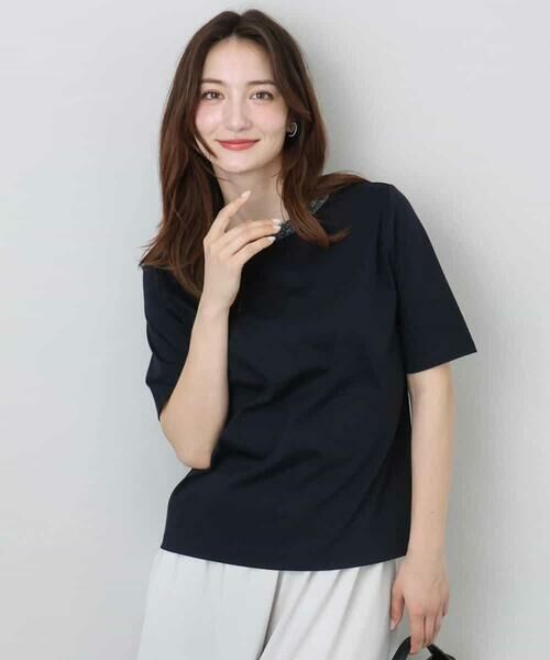 MK MICHEL KLEIN / エムケーミッシェルクラン カットソー | ラメ入りネックデザインTシャツ/接触冷感/洗える | 詳細1