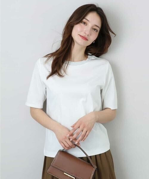 MK MICHEL KLEIN/エムケーミッシェルクラン ラメ入りネックデザインTシャツ/接触冷感/洗える ホワイト M