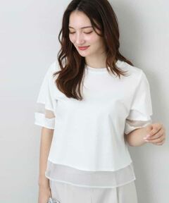 シアー切替えランタンスリーブカットソー/接触冷感/洗える