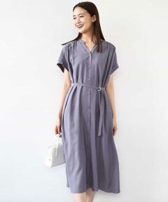 MK MICHEL KLEIN / エムケーミッシェルクラン ロング・マキシ丈ワンピース | ベルト付きキーネックワンピース/洗える