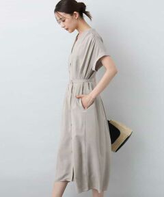 MK MICHEL KLEIN / エムケーミッシェルクラン ロング・マキシ丈ワンピース | ベルト付きキーネックワンピース/洗える