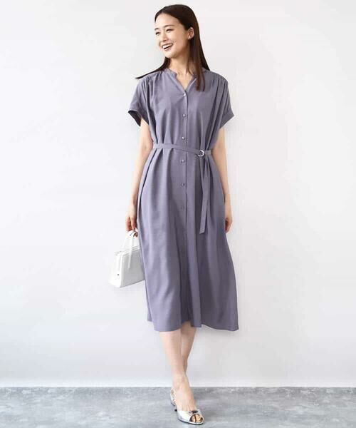 MK MICHEL KLEIN / エムケーミッシェルクラン ロング・マキシ丈ワンピース | ベルト付きキーネックワンピース/洗える | 詳細1