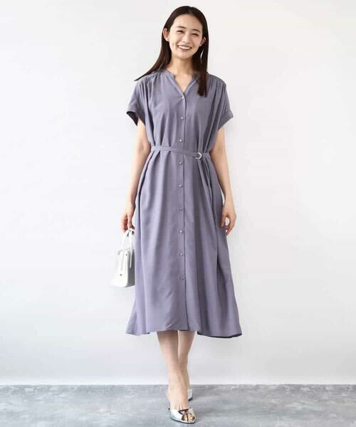 MK MICHEL KLEIN / エムケーミッシェルクラン ロング・マキシ丈ワンピース | ベルト付きキーネックワンピース/洗える | 詳細2