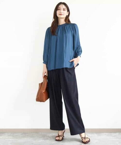 MK MICHEL KLEIN / エムケーミッシェルクラン シャツ・ブラウス | フリルギャザーネックサテンブラウス/接触冷感/洗える | 詳細10