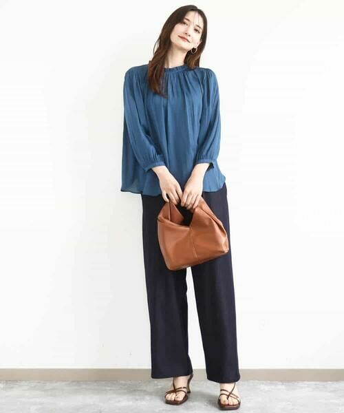 MK MICHEL KLEIN / エムケーミッシェルクラン シャツ・ブラウス | フリルギャザーネックサテンブラウス/接触冷感/洗える | 詳細11