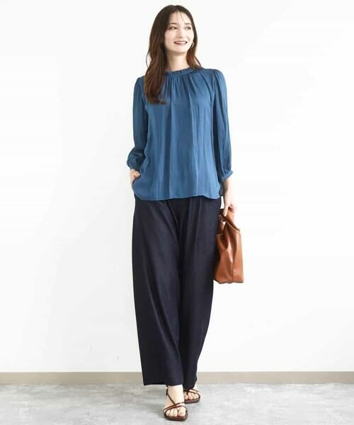 MK MICHEL KLEIN / エムケーミッシェルクラン シャツ・ブラウス | フリルギャザーネックサテンブラウス/接触冷感/洗える | 詳細12