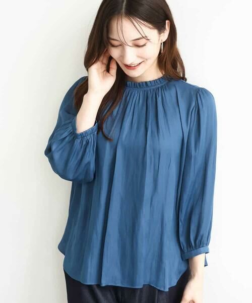 MK MICHEL KLEIN / エムケーミッシェルクラン シャツ・ブラウス | フリルギャザーネックサテンブラウス/接触冷感/洗える | 詳細9