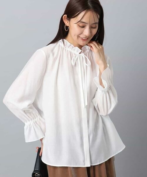 MK MICHEL KLEIN/エムケーミッシェルクラン フリルネックディティールブラウス/洗える ホワイト M