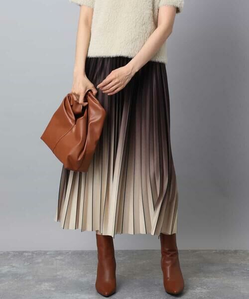 MK MICHEL KLEIN / エムケーミッシェルクラン ロング・マキシ丈スカート | グラデーションデザインニットプリーツスカート/洗える(ブラウン)