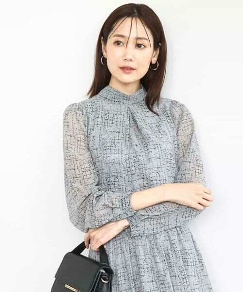 MK MICHEL KLEIN / エムケーミッシェルクラン シャツ・ブラウス | ツイード調チェックプリント シフォンブラウス/洗える（グレー）