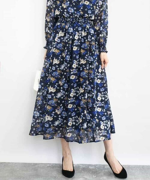 MK MICHEL KLEIN / エムケーミッシェルクラン ロング・マキシ丈スカート | クラシックフラワープリント シフォンスカート/洗える | 詳細1