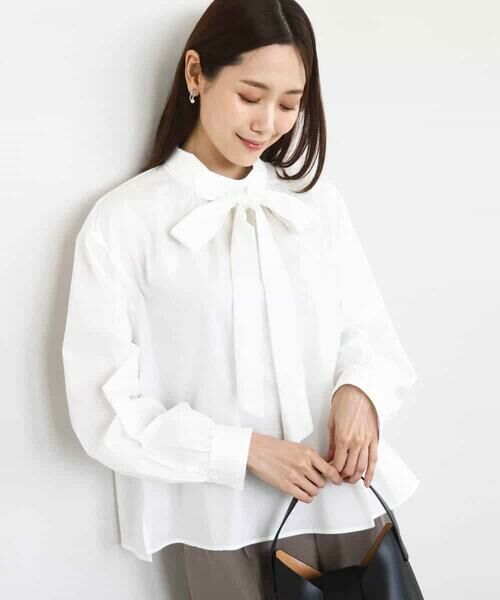 MK MICHEL KLEIN / エムケーミッシェルクラン シャツ・ブラウス | ボウタイ付きスタンドネックコットンブラウス/洗える | 詳細1