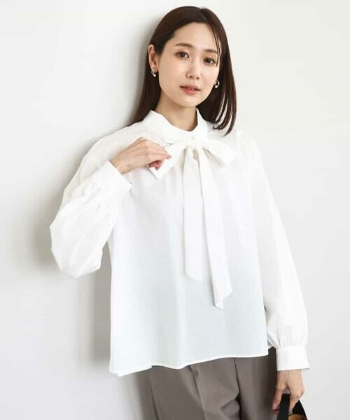 MK MICHEL KLEIN/エムケーミッシェルクラン ボウタイ付きスタンドネックコットンブラウス/洗える ホワイト M