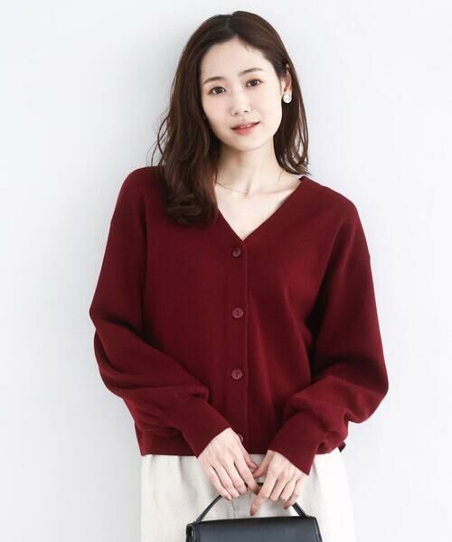 MK MICHEL KLEIN/エムケーミッシェルクラン スムース編みVネックニットカーディガン/洗える レッド M MK MICHEL KLEIN/エムケーミッシェルクラン スムース編みVネックニットカーディガン/洗える レッド M