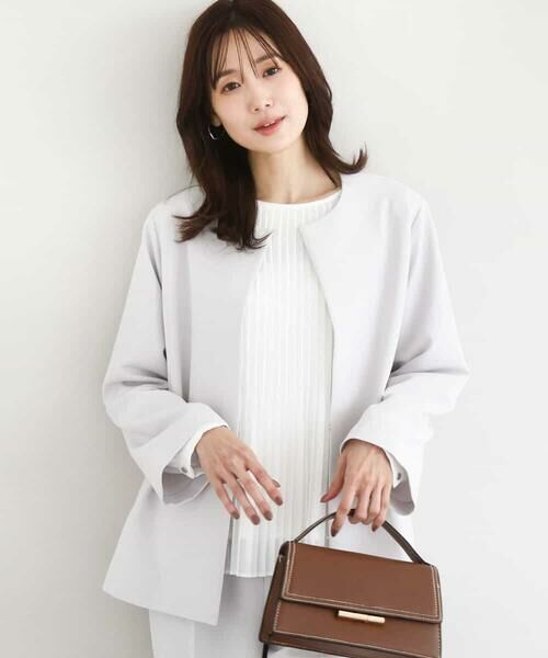 MK MICHEL KLEIN / エムケーミッシェルクラン ノーカラージャケット | ダブルクロス テントラインノーカラージャケット/セットアップ対応/防シワ/ストレッチ/洗える(グレージュ)