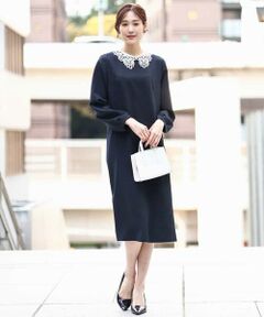 MK MICHEL KLEIN / エムケーミッシェルクラン ロング・マキシ丈ワンピース | レース衿付きサックワンピース/防シワ/洗える