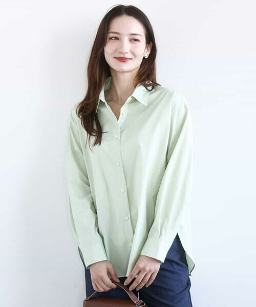 MK MICHEL KLEIN / エムケーミッシェルクラン シャツ・ブラウス | コットン混ベーシックシャツ（無地）/接触冷感/防シワ/洗える（ライトグリーン）