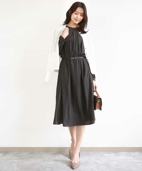 MK MICHEL KLEIN / エムケーミッシェルクラン ロング・マキシ丈ワンピース | サテンギャザーワンピース/洗える（ダークグレー）