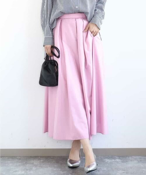 MK MICHEL KLEIN / エムケーミッシェルクラン ロング・マキシ丈スカート | タックフレアスカート（無地）/洗える（ピンク）