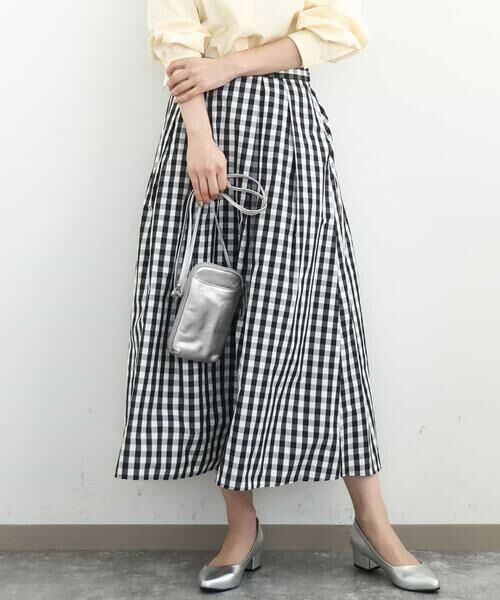 MK MICHEL KLEIN / エムケーミッシェルクラン ロング・マキシ丈スカート | タックフレアスカート（ギンガムチェック）/洗える（ブラック）