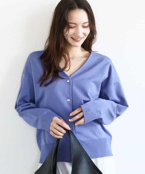 MK MICHEL KLEIN / エムケーミッシェルクラン カーディガン・ボレロ | ドット釦Vネックカーディガン(無地・ボーダー)/洗える（パープル（無地））