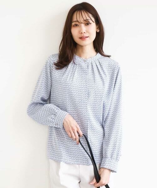 MK MICHEL KLEIN / エムケーミッシェルクラン シャツ・ブラウス | 幾何柄バンドカラーブラウス/洗える（ライトブルー）