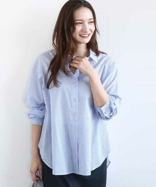 MK MICHEL KLEIN / エムケーミッシェルクラン シャツ・ブラウス | ストライプ柄サッカーシャツブラウス/洗える | 詳細1