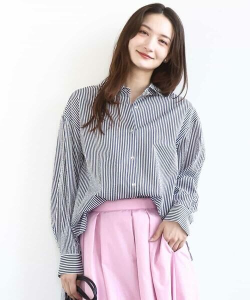 MK MICHEL KLEIN / エムケーミッシェルクラン シャツ・ブラウス | ストライプ柄サッカーシャツブラウス/洗える（ネイビー）