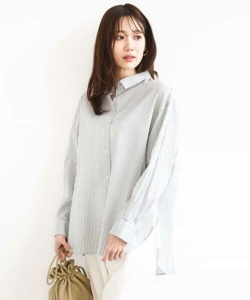 MK MICHEL KLEIN / エムケーミッシェルクラン シャツ・ブラウス | ストライプ柄サッカーシャツブラウス/洗える（カーキグレー）