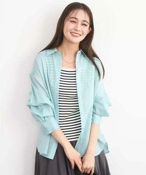MK MICHEL KLEIN / エムケーミッシェルクラン シャツ・ブラウス | リネン混カラーシャツブラウス/接触冷感/洗える（ライトブルー）