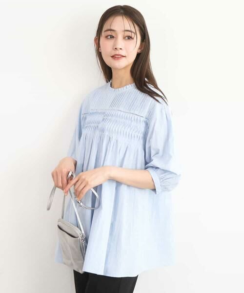MK MICHEL KLEIN / エムケーミッシェルクラン シャツ・ブラウス | コットンピンタックチュニックブラウス/洗える（ライトブルー）