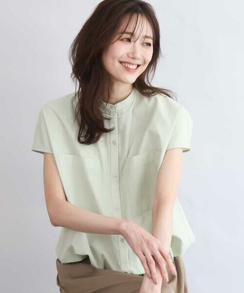 MK MICHEL KLEIN / エムケーミッシェルクラン シャツ・ブラウス | [接触冷感/洗える]ドロストデザインバンドカラーブラウス（ライトグリーン）