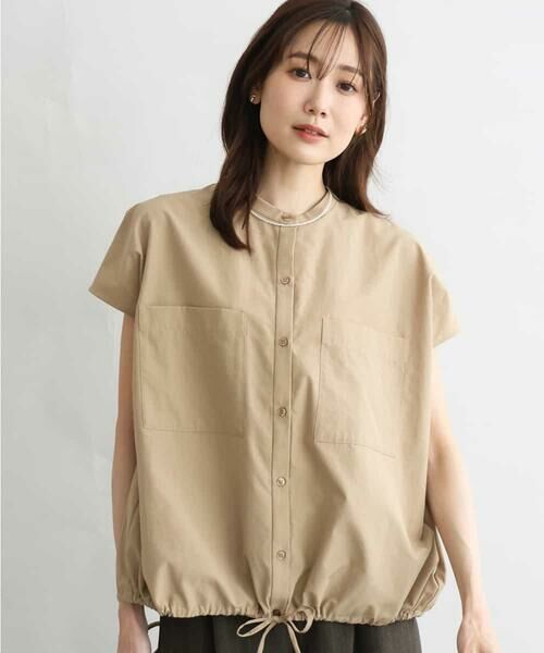 MK MICHEL KLEIN / エムケーミッシェルクラン シャツ・ブラウス | [接触冷感/洗える]ドロストデザインバンドカラーブラウス（キャメル）