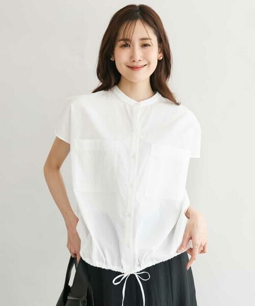 MK MICHEL KLEIN / エムケーミッシェルクラン シャツ・ブラウス | [接触冷感/洗える]ドロストデザインバンドカラーブラウス（ホワイト）