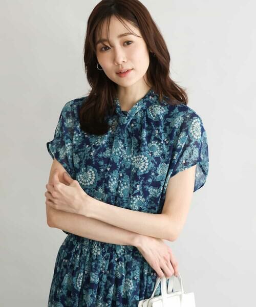 MK MICHEL KLEIN / エムケーミッシェルクラン シャツ・ブラウス | [洗える]更紗プリント花柄シフォンブラウス/前後2way（ネイビー）